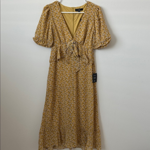 Lulus Anything Lovelier Yellow Floral Print Tiered Midi Dress Size: XS - Picture 3 of 9